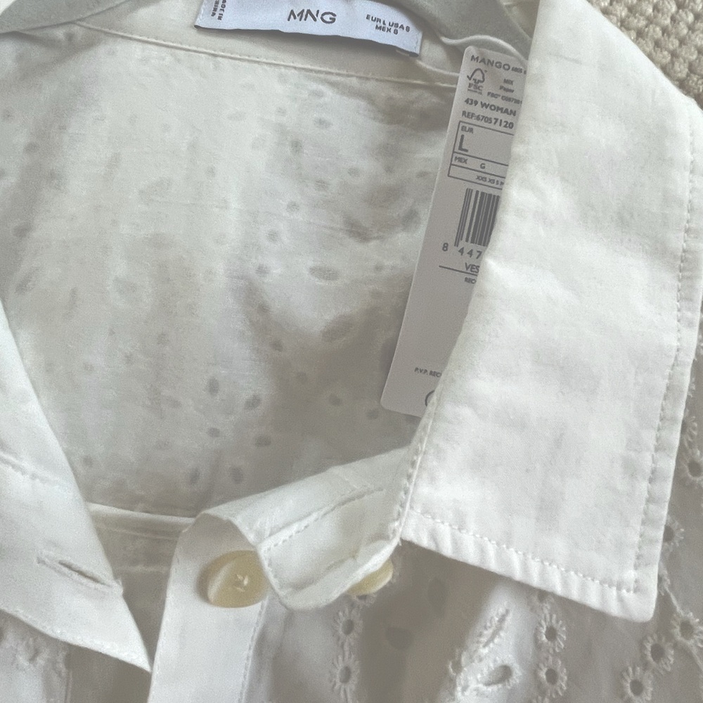 NTW MANGO LONG SLEEVE WHITE COTTON EYELET SHIRTDRESS, SIZE L - Picture 5 of 15